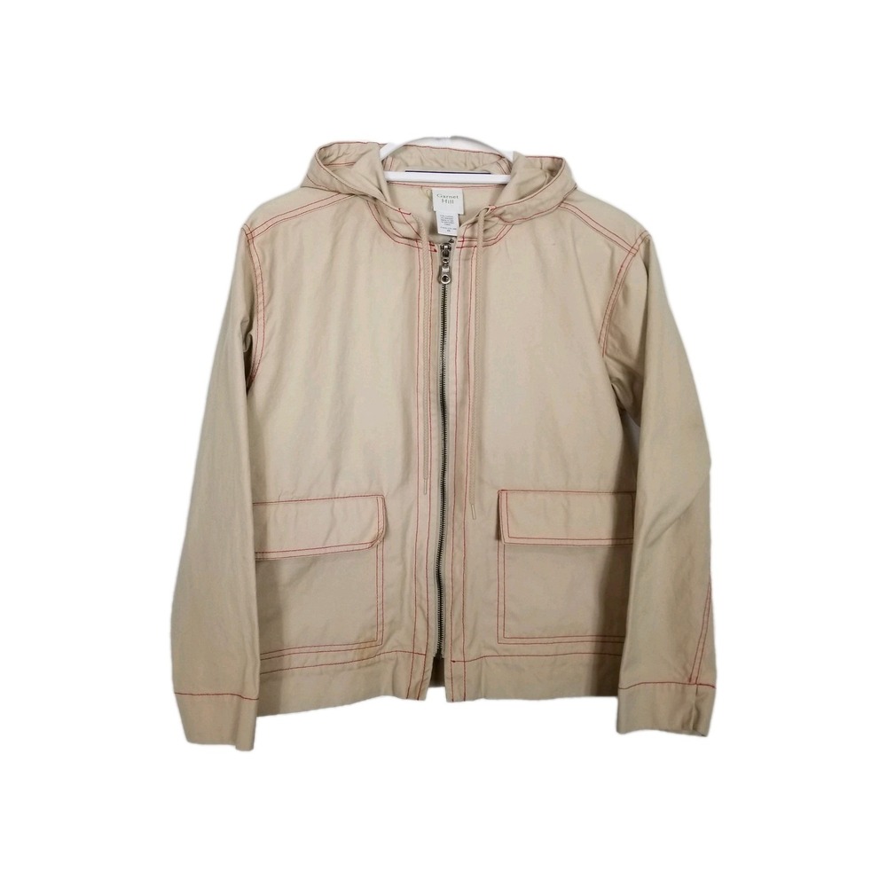 Garnet Hill Women Cotton Blend Zip Up Jacket Sz XL‎ Beige Hooded Pockets Casual